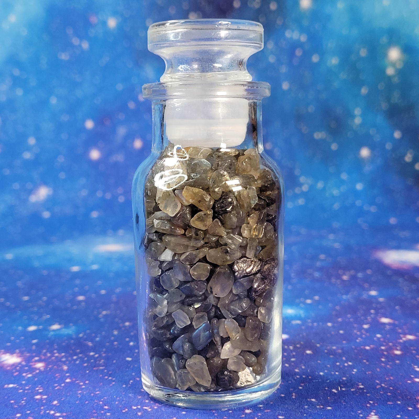 1/4 lb Labradorite Crystal Tumbled Chips in Apothecary Vintage Glass Jar Wagner