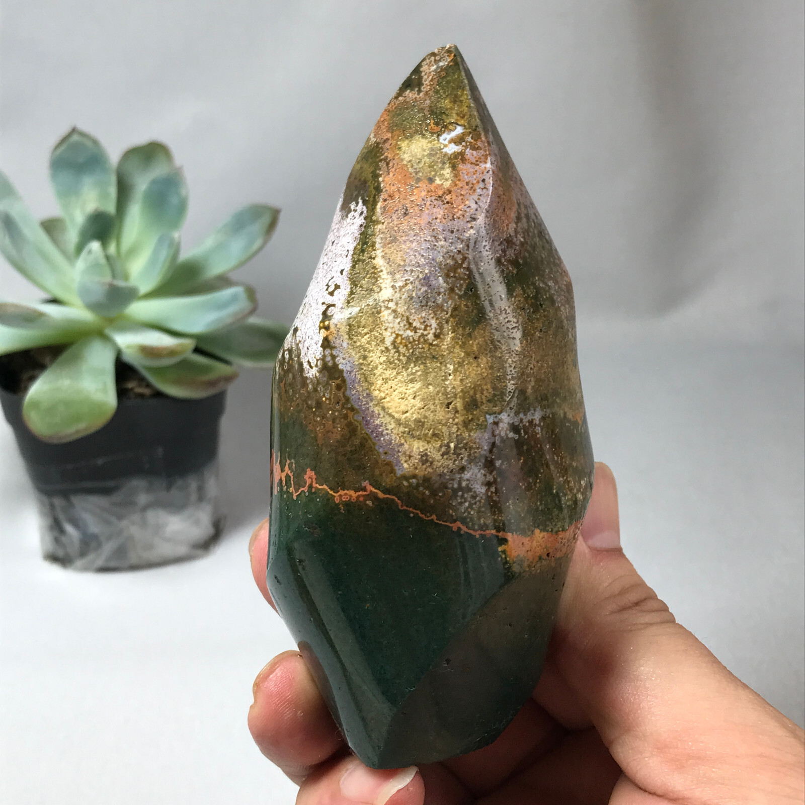 Natural Ocean Jasper torch Hand carve polish Crystal free standing 362g g6632