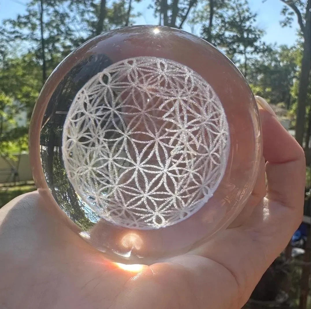 3.15″ Quantum Flower of Life Clear Crystal Sphere Orb Ball, Colored Wooden LED