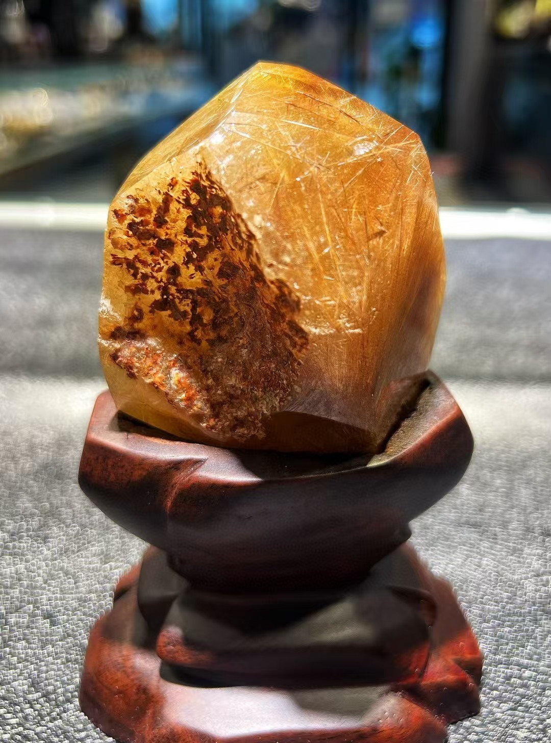 324g TOP Natural Rutilated crystal quartz mineral specimen reiki Decor+stand