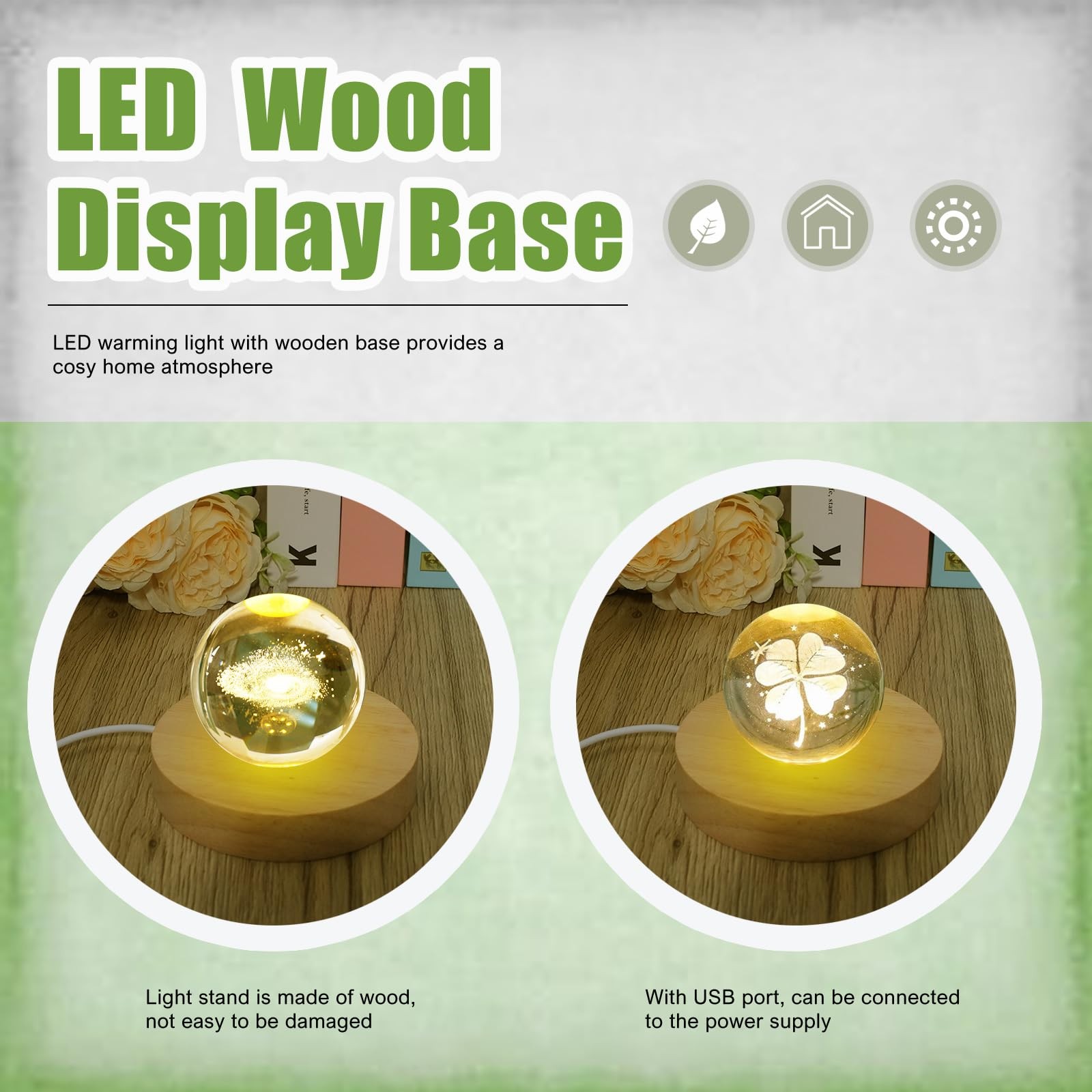 10 Pcs Wooden LED Display Bases round Wood Display Lighted Bases for Glass Art L