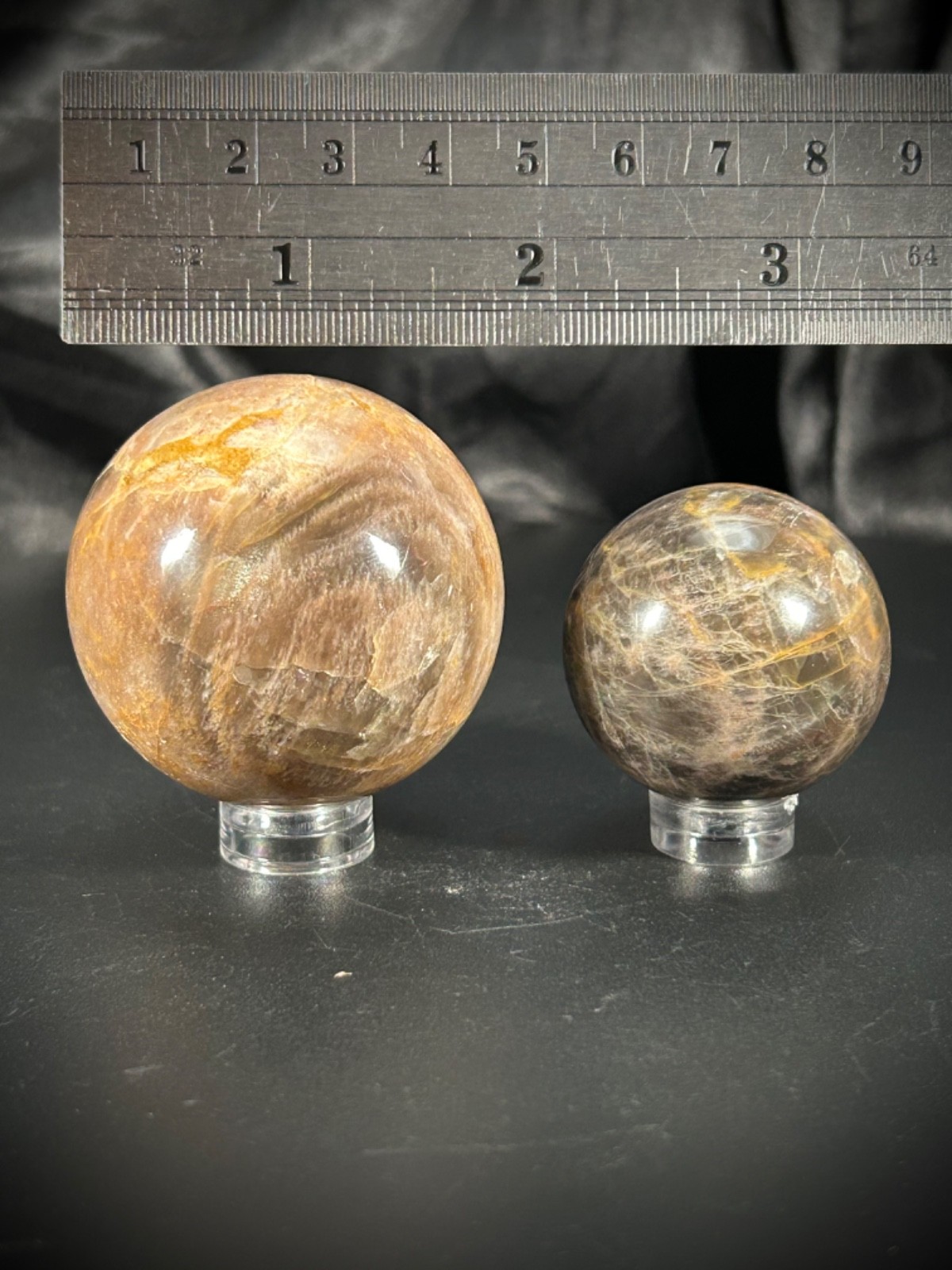 2 Piece Black Moonstone Sphere Bundle With Acrylic Stands 6.6oz (186 grams)