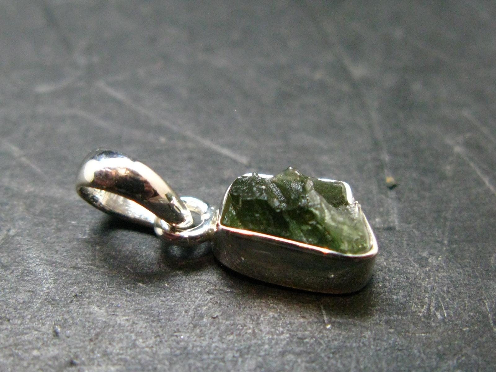 Gem Moldavite Tektite SS Pendant From Czech Republic – 0.7″ – 1.0 Grams