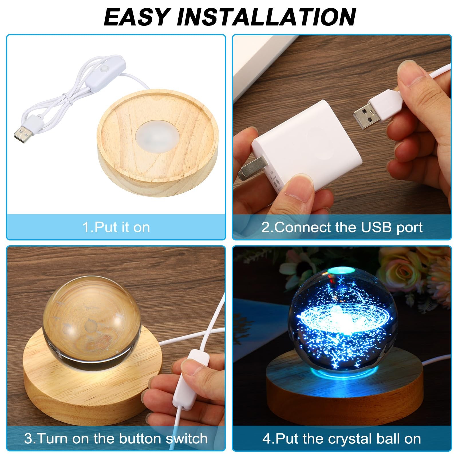 Wooden LED Light Base Display Stand for Acrylic Resin Crystal Sphere Glass Art