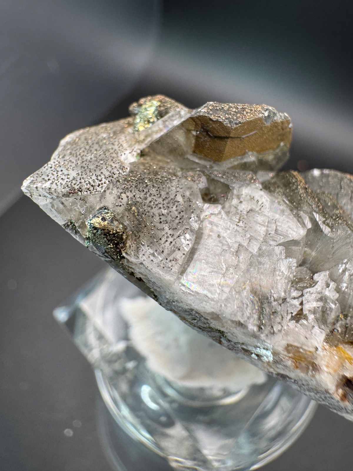6703 Rainbow Chalcopyrite on Gray Benz Calcite Fu Jian 55g