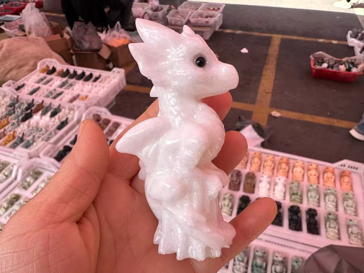 1pc Natural White Jade Quartz Carved Little Dragon Crystal Reiki Healing Decor