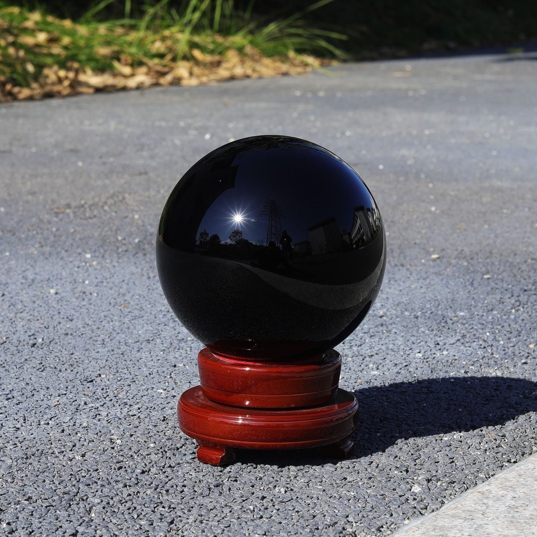 LONGWIN 200MM Black Crystal Ball Divination Glass Sphere Photo Prop Free Stand