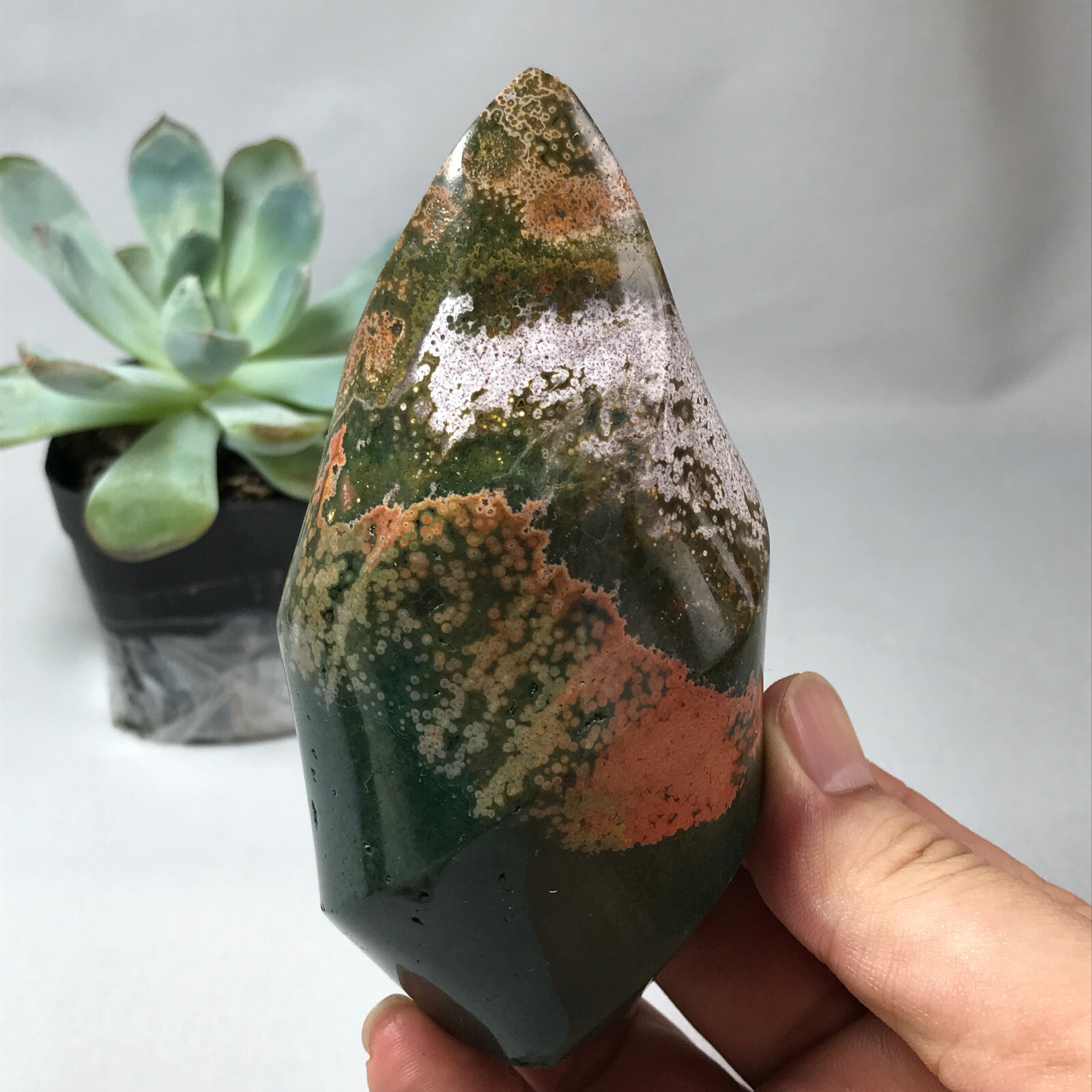 Natural Ocean Jasper torch Hand carve polish Crystal free standing 362g g6632