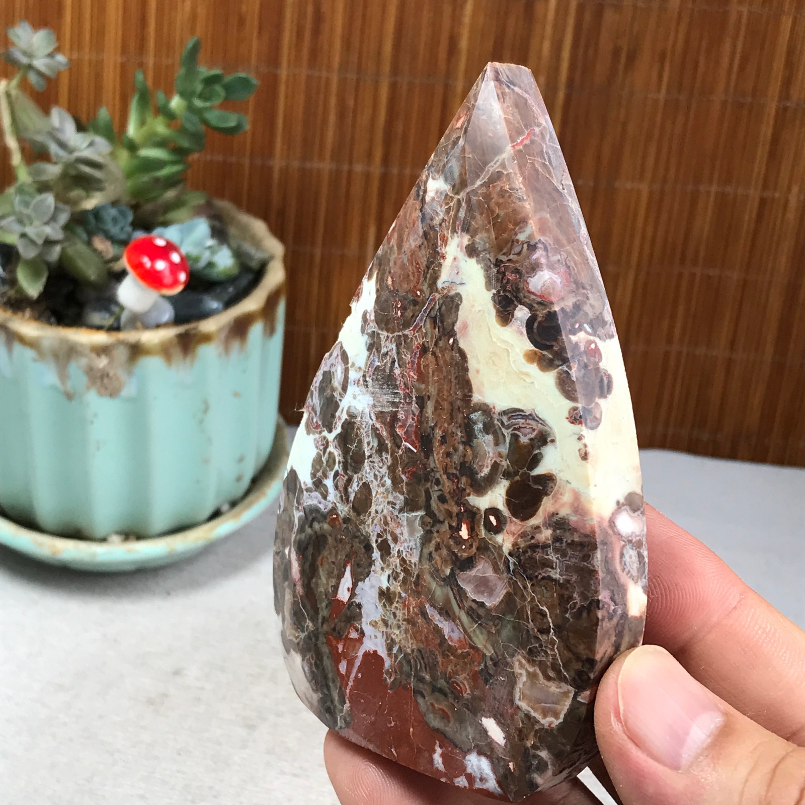 Natural money Mexico agate hand carve leaf Crystal Specimen free standing A6272