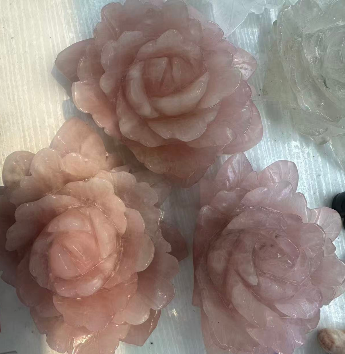 1pc Natural Pink Rose Quartz Carved Crystal Flower Skull Reiki Healing Decor