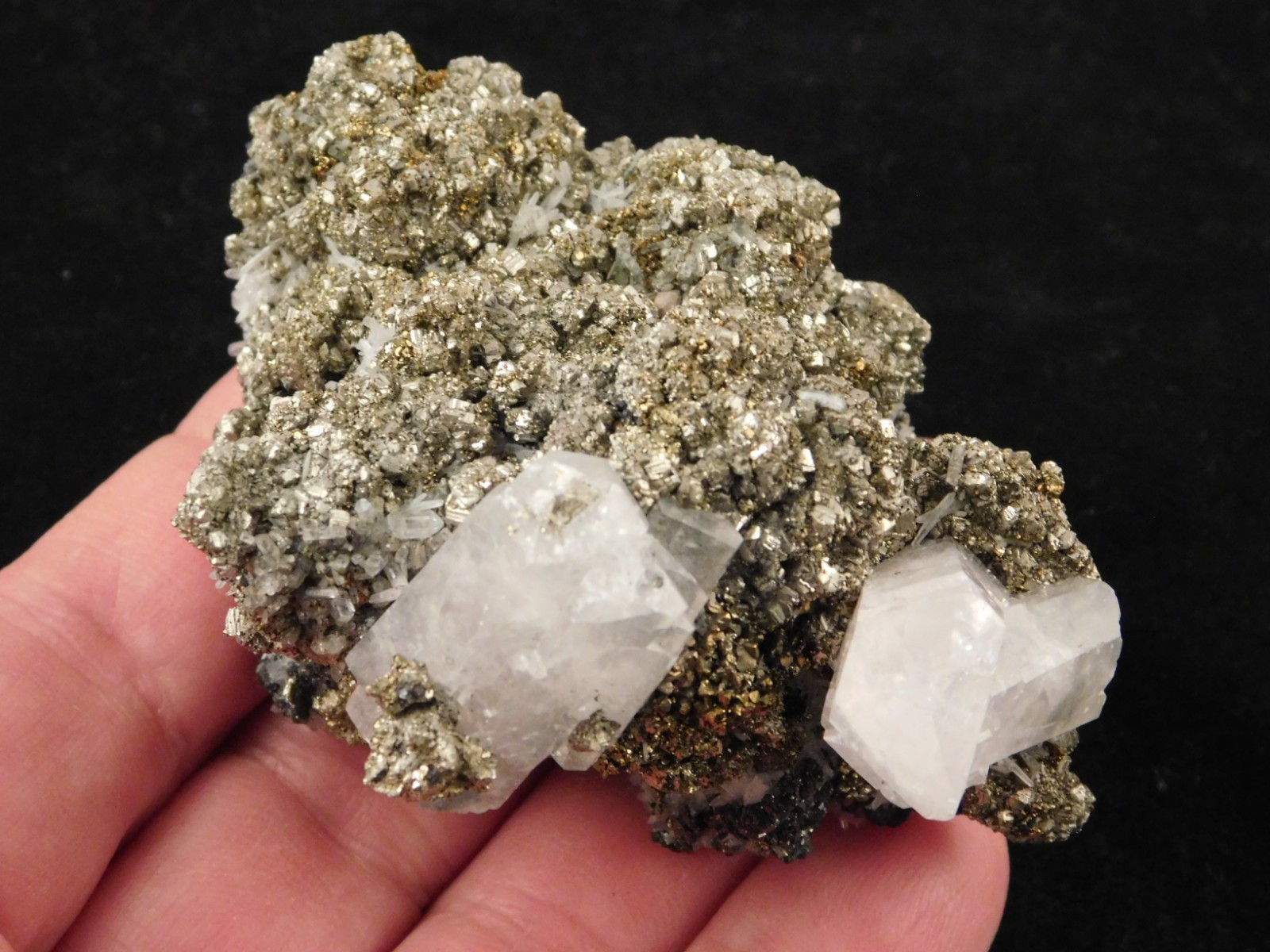 FLUORESCENT Calcite Crystal Cluster with Druzy Pyrite Crystals Peru 161gr