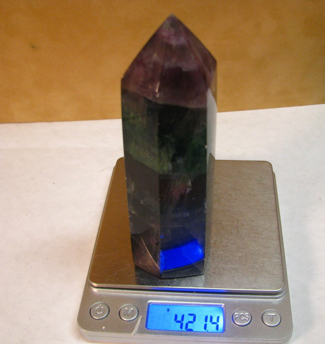 .9lb 5.25inchs GREEN/PURPLE FLUORITE TOWER (BLUE FLUORESCENT) BRAZIL #183