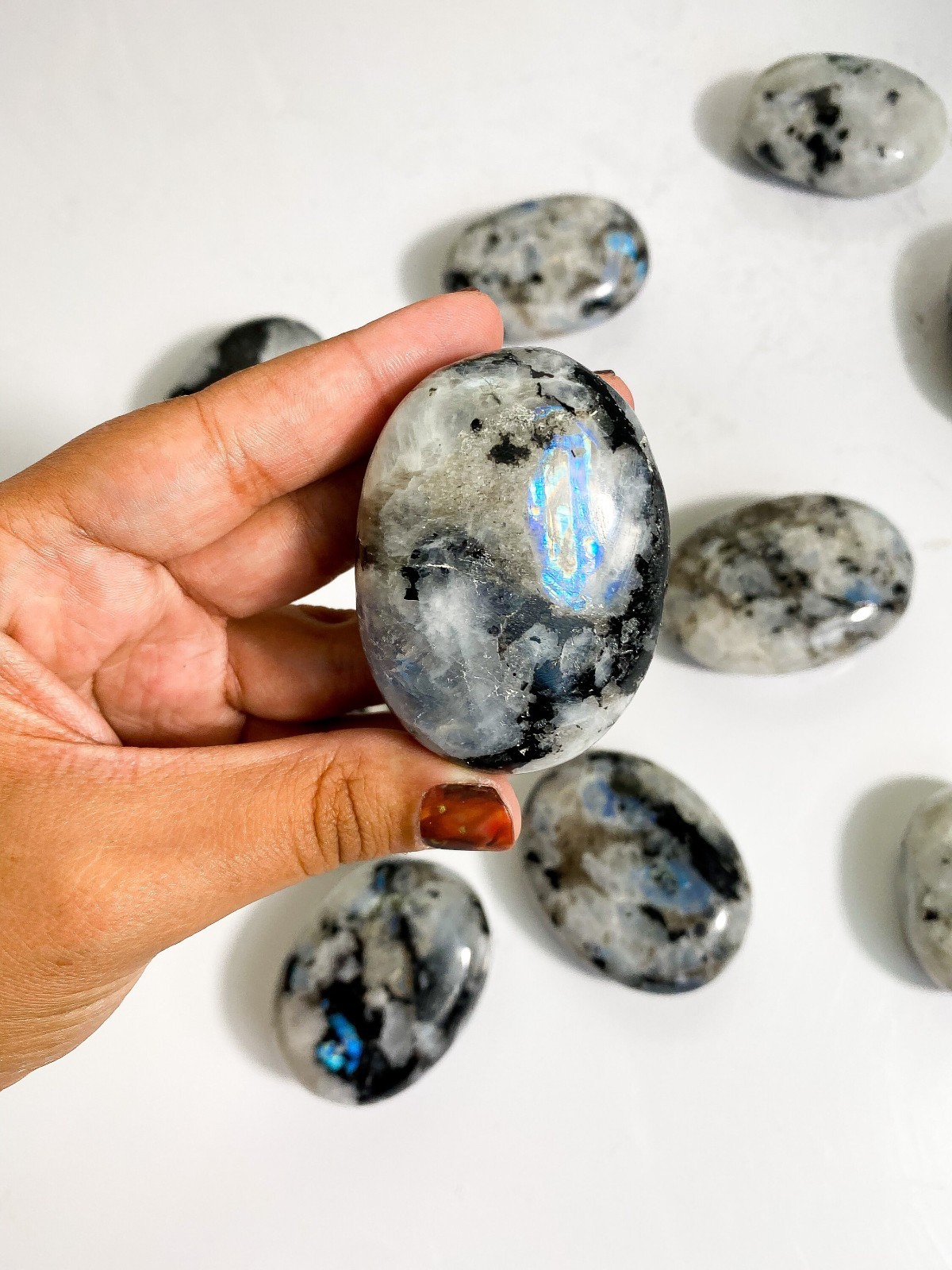 Natural Rainbow Moonstone Palm Stone Polished Gemstone Free US Shipping