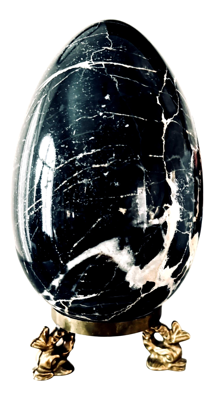 BLACK ZEBRA MARBLE EGG, BRASS DOLPHIN TRIPOD STAND, 5.5″Hx2.5″W, 1 LB 14 OZ