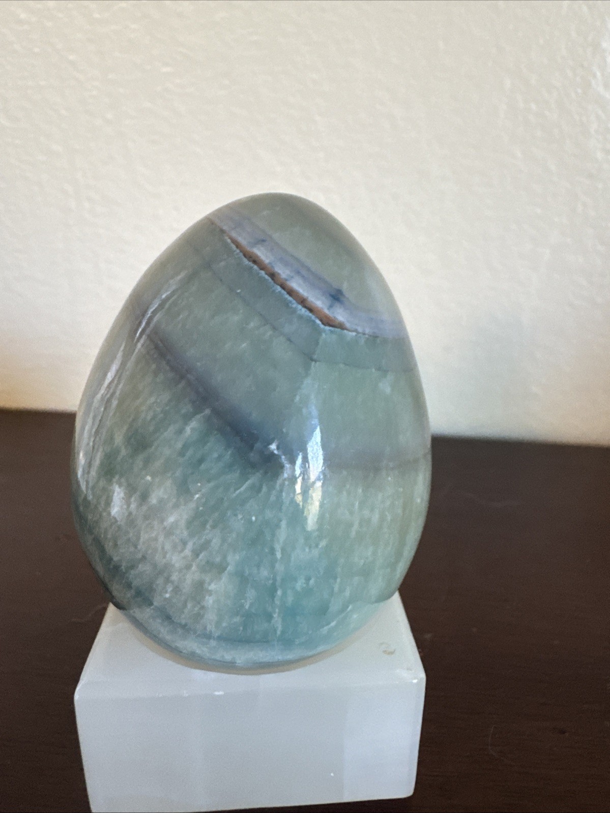 Polished Green Onyx Stone Egg Banded Calcite Decorative Display 3” w Stand