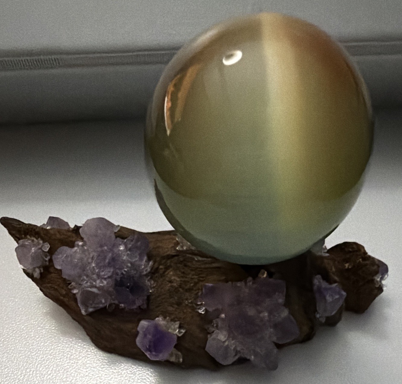 Rainbow Glass Sphere Mineral Display Specimen on Wood Stand w Purple Clusters