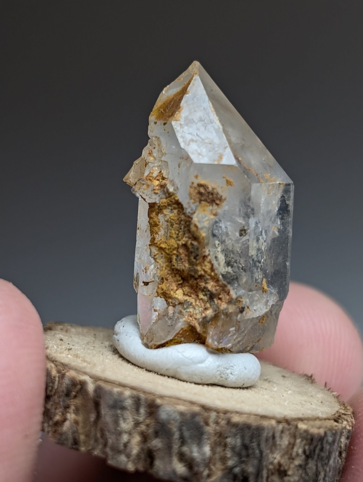 Nacrite + Manganese included Quartz Crystal Point, Arkansas, w/ wood base