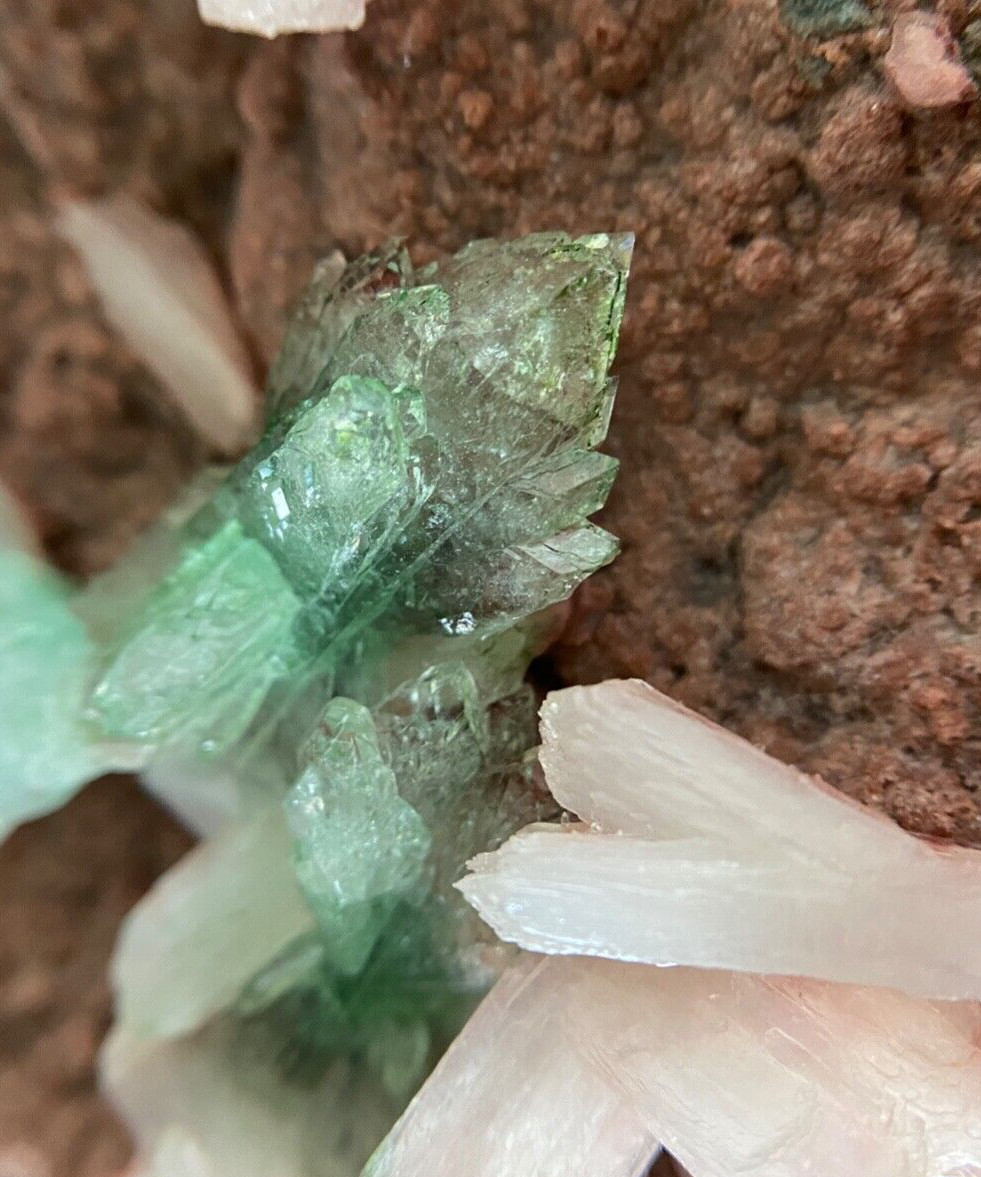 Light Mint Green Apophyllite and Pearly White Stilbite Crystals on Brown Matrix