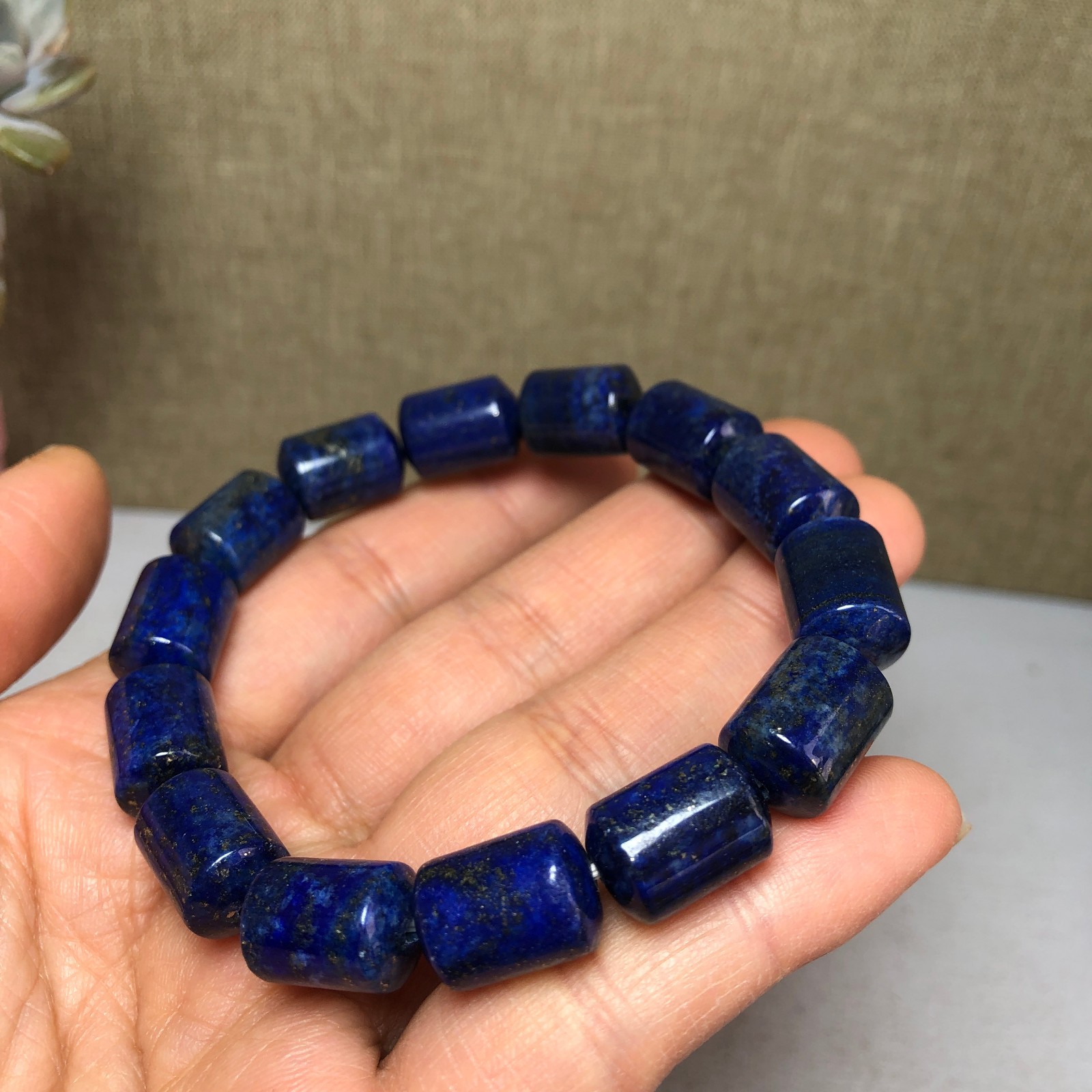 Natural lapis lazuli Bracelet Brown Gemstone Stretch Bucket bead Handmade A3703