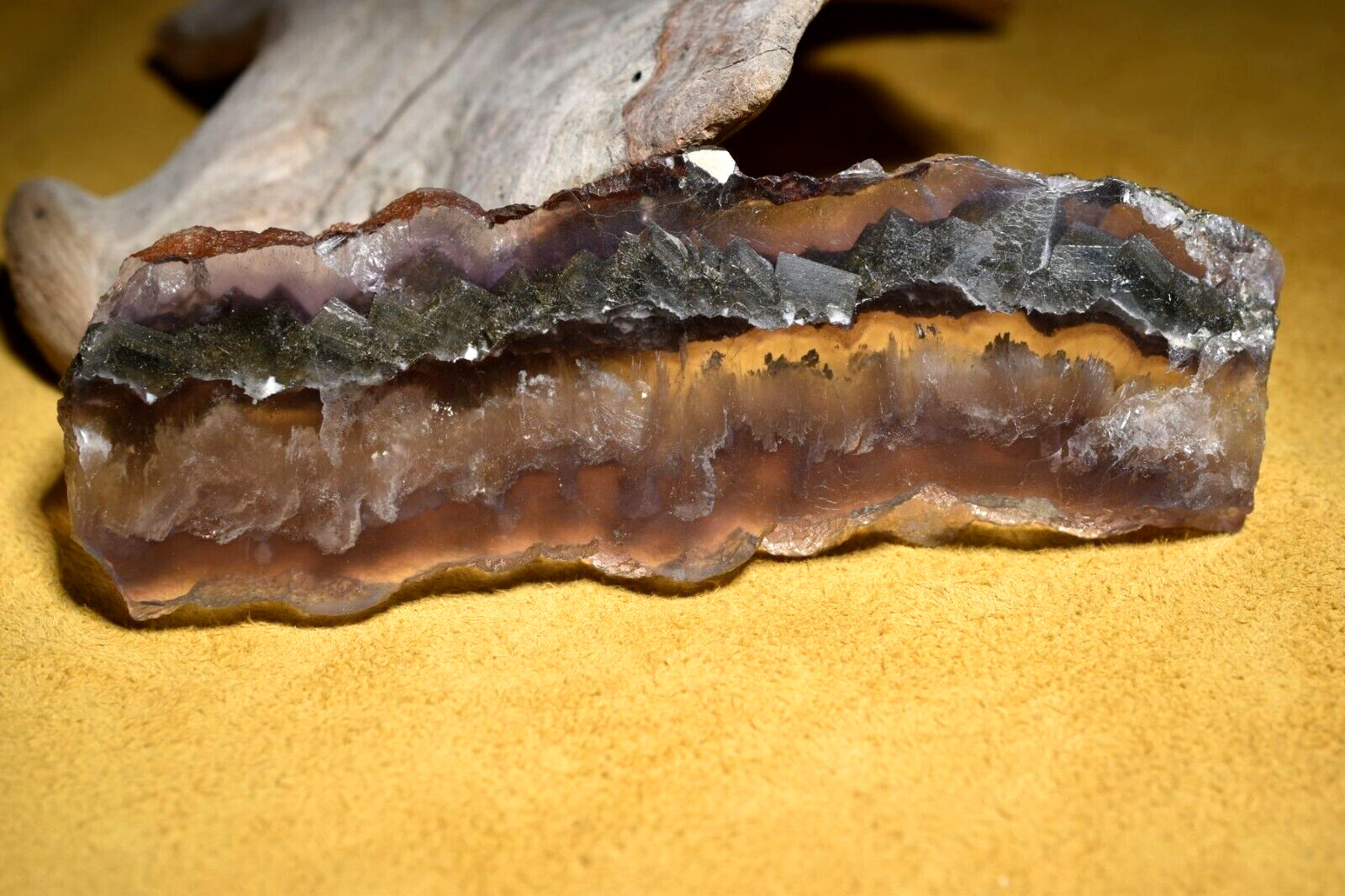 Fluorite With Pyrite & Barite Inclusions Polished Slab From Inner Mongolia China