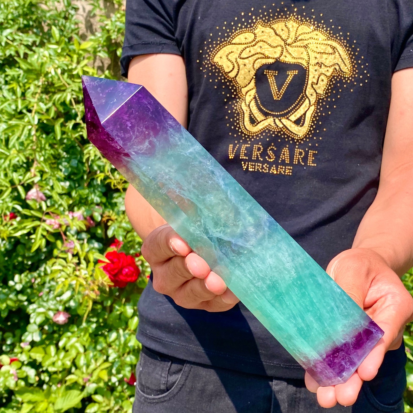 2.9LB Natural rainbow fluorite obelisk quartz crystal wand point Gem Healing