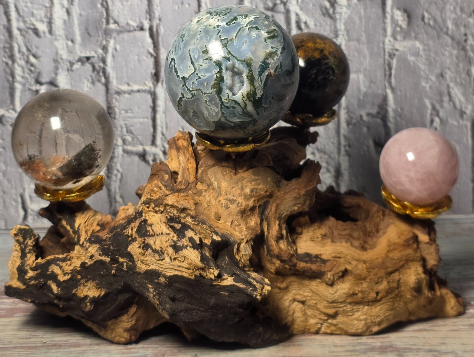 4 Crystal Sphere Display Set Moss Agate Bronzite Rose Quartz Quartz Wood Stand
