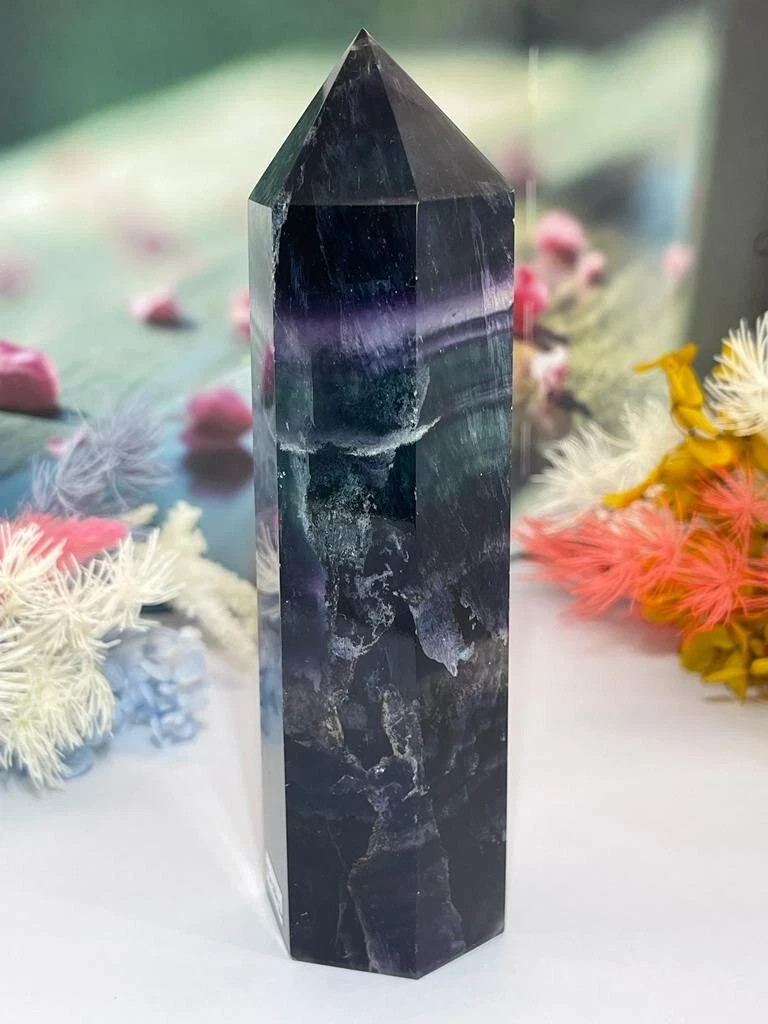 Natural Rainbow Fluorite Crystal Tower Obelisk Reiki Healing Meditation Decor