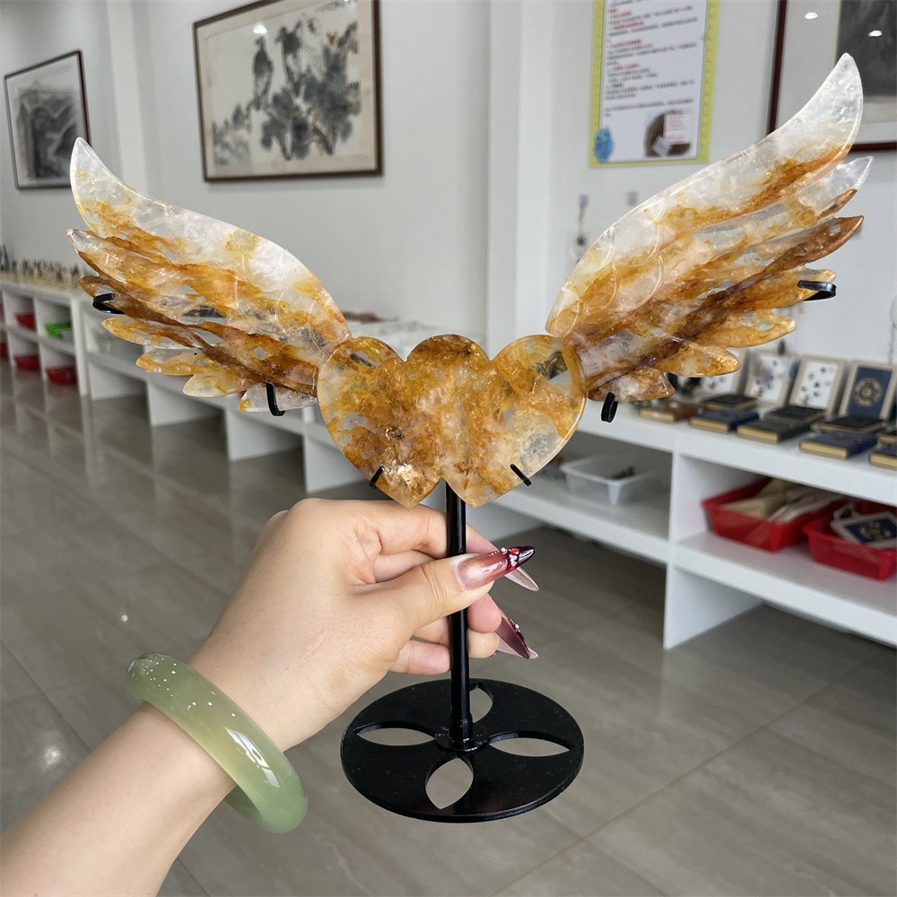 1.2LB 10.2″ Natural Golden Healer Love Wings Crystal Wings Carving Home Decor
