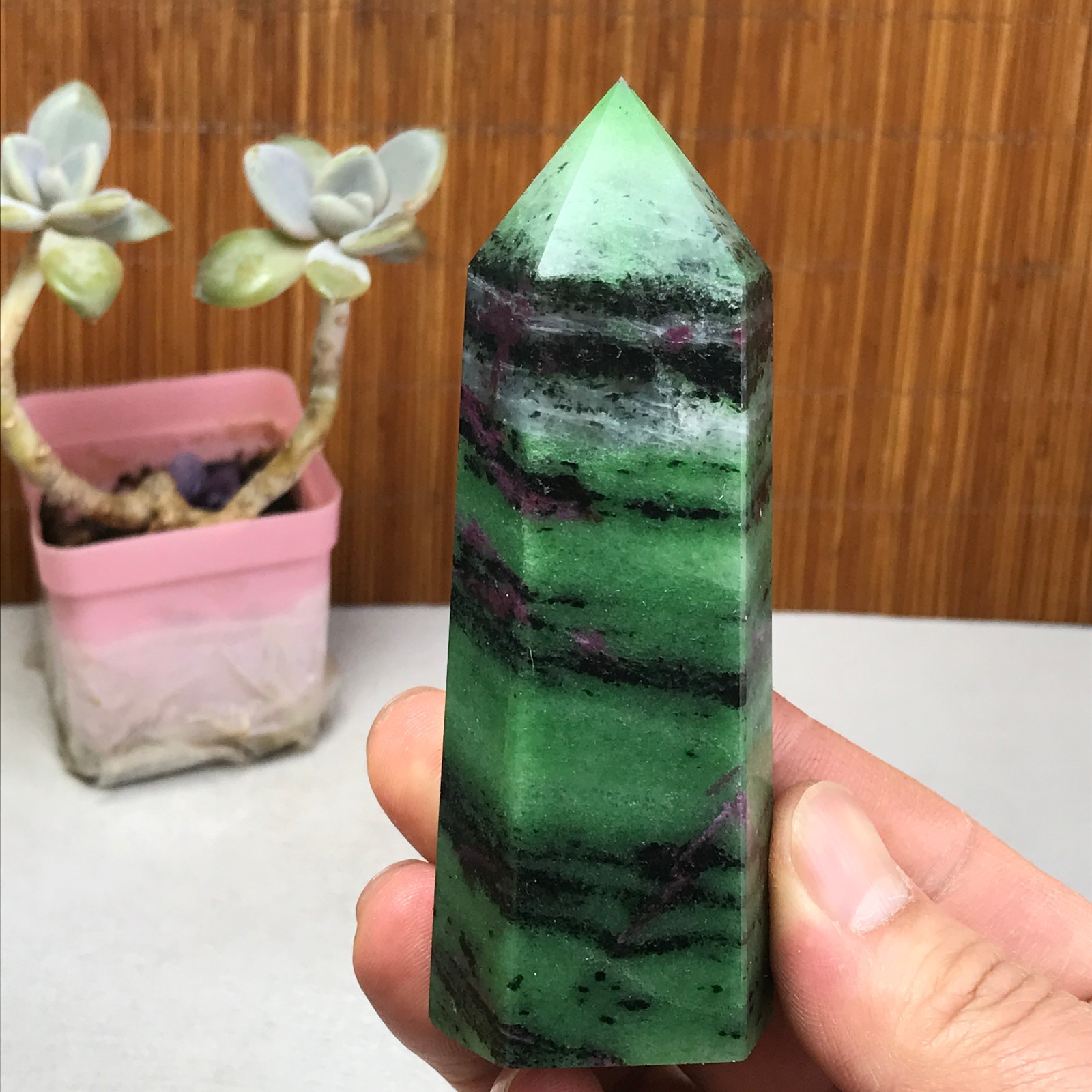 101-35-28mm Natural epidote wand Obelisk Crystal Quartz specimens 210g A3467
