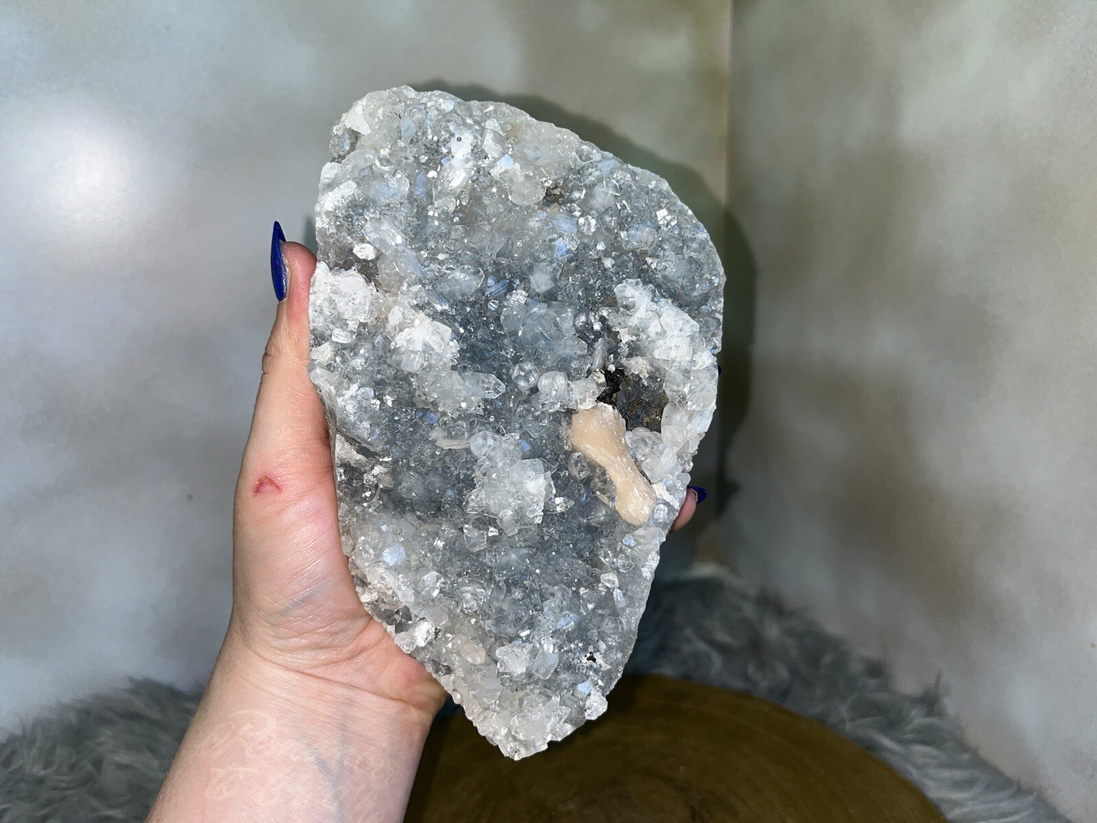 Peach Stilbite on Diamond Apophyllite And Blue/Grey Chalcedony