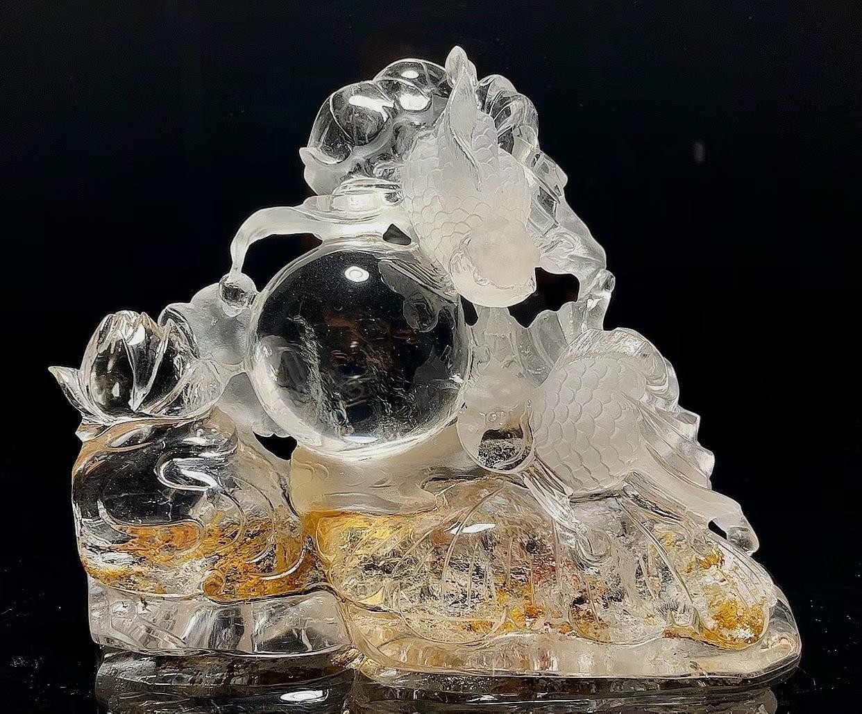 12.2LB Natural crystal fire quartz Carved fish Reiki energy Decor+Stand