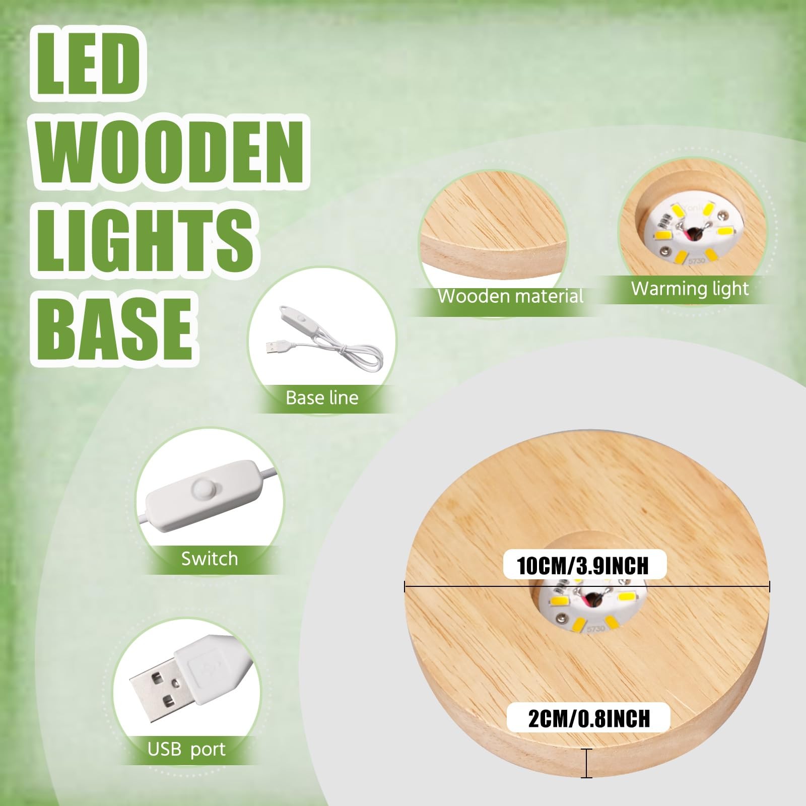 10 Pcs Wooden LED Display Bases round Wood Display Lighted Bases for Glass Art L