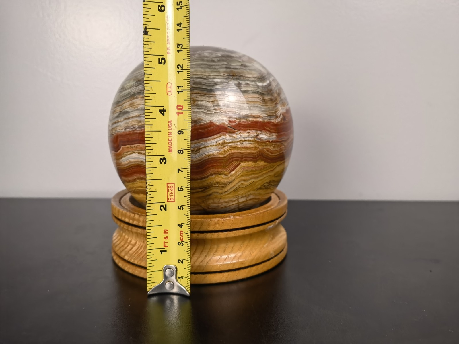 Natural Banded Onyx Stone Sphere Ball w/ Wooden Stand Decorative Mineral，6.7lb