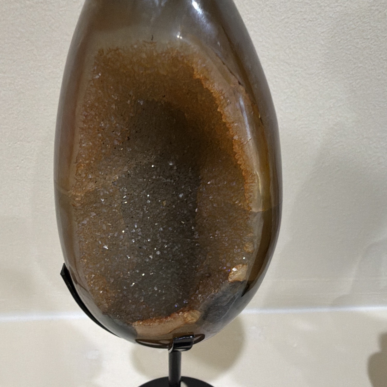 Polished Druzy Geode Agate Egg Crystal Mineral Display Specimen on Metal Stand