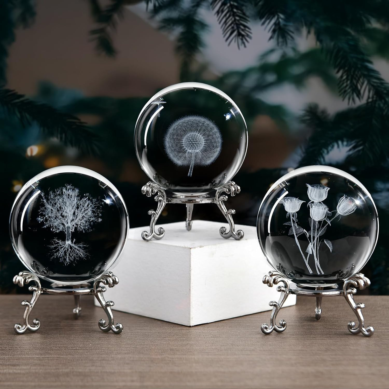 Tree of Life Crystal Ball with Stand, 60Mm 3D Laser Engraved Glass Sphere Decora