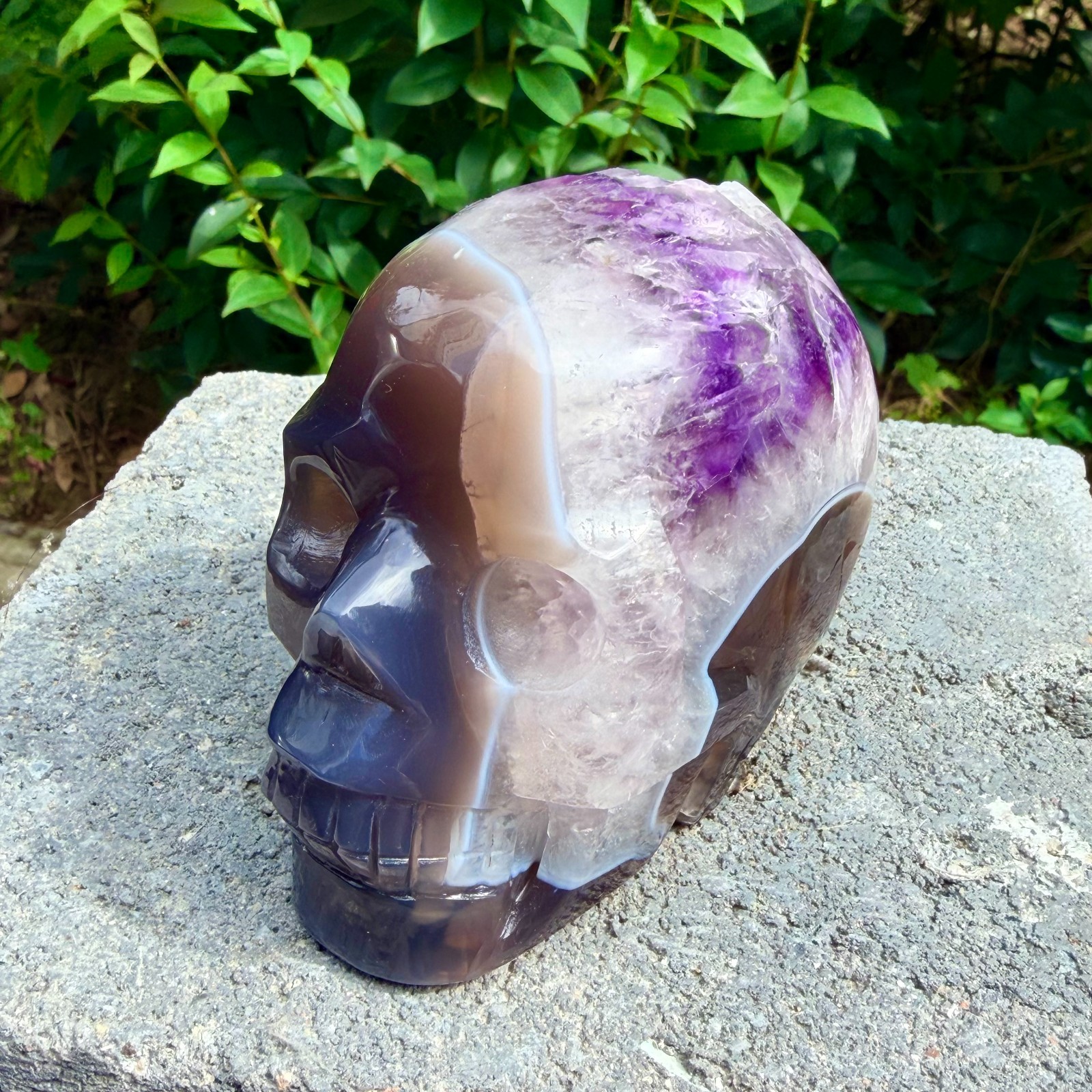 1.73lb Amethyst agate crystal cave skull, Rare hand carved skull specimen