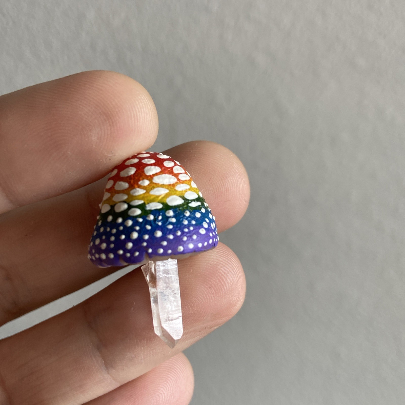 Handmade Clay Amanita Mushroom Lemurian Clear Quartz Crystal Point Rainbow Pride