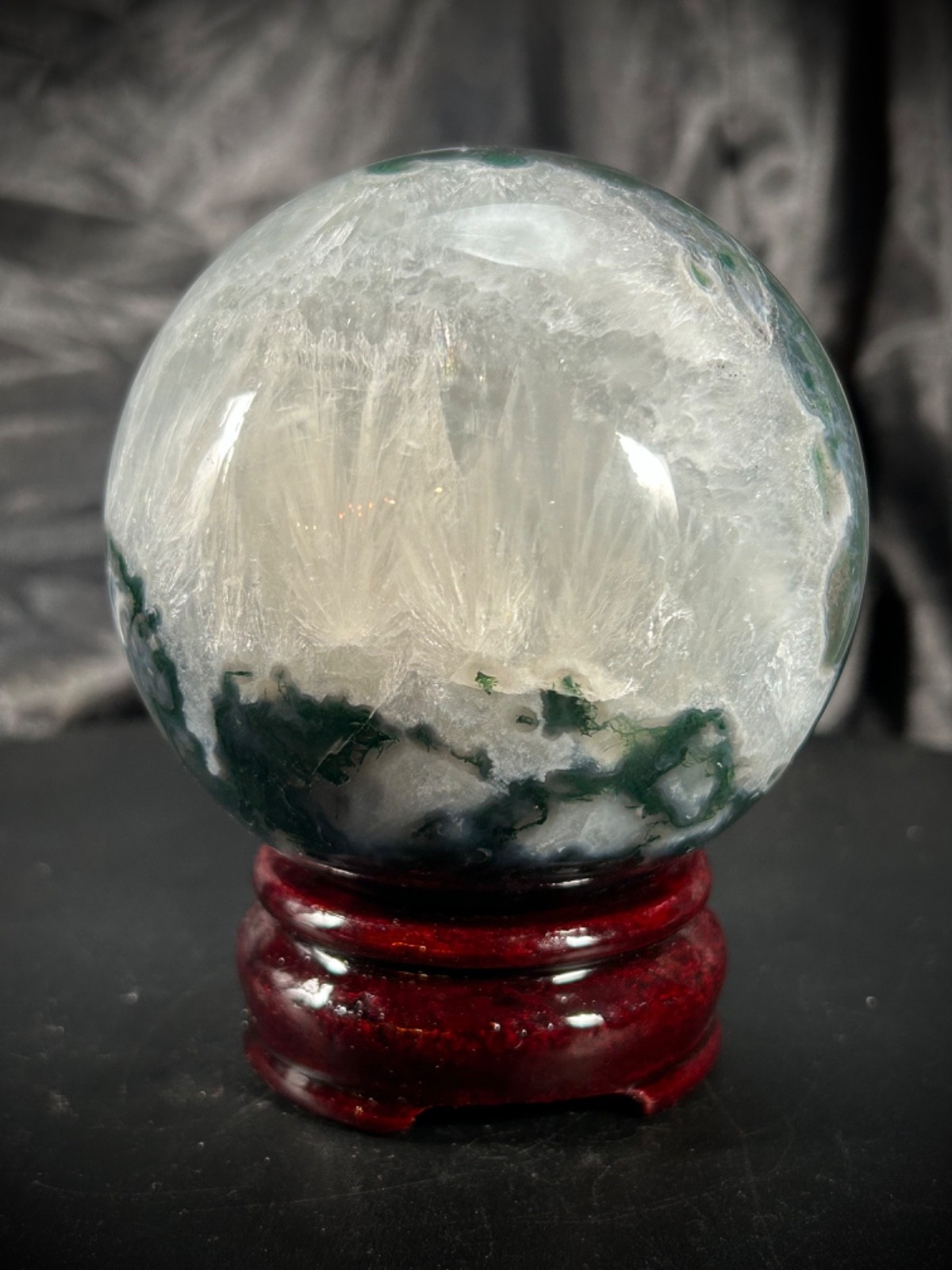3.25″ Unique Moss Agate And Quartz Sphere With Wood Stand 1lb 10.3oz