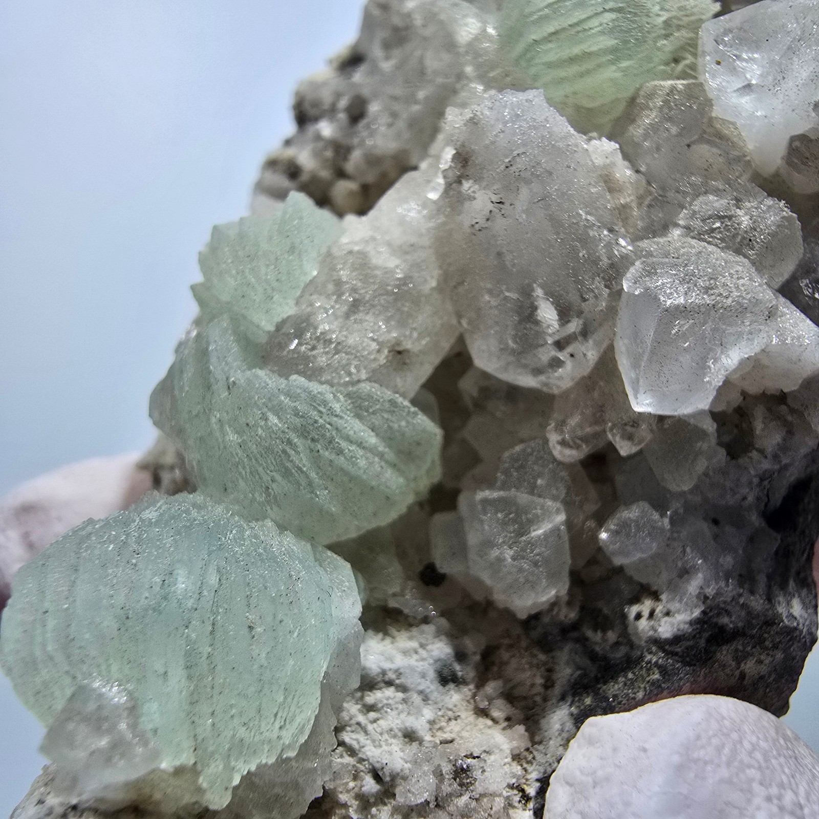XL Prehnite sphere, calcite cube, quartz on matrix Goboboseb, Namibia