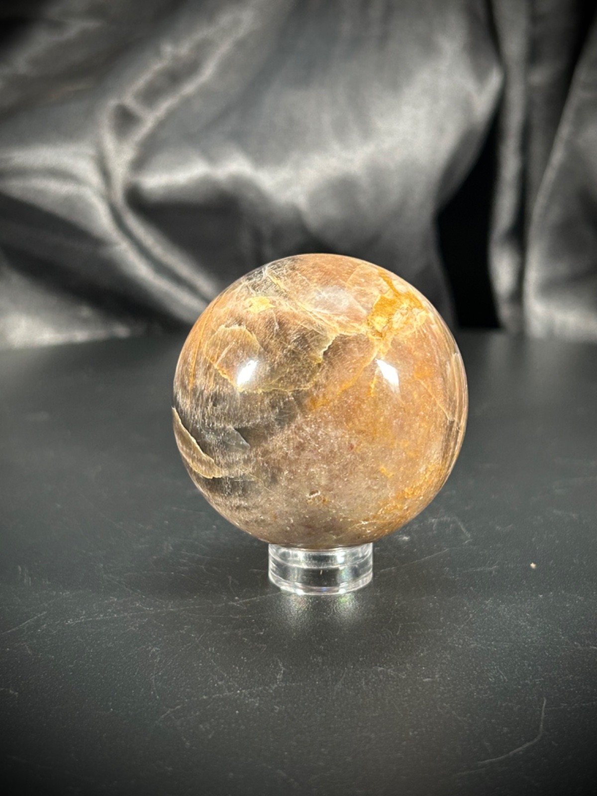 2 Piece Black Moonstone Sphere Bundle With Acrylic Stands 6.6oz (186 grams)