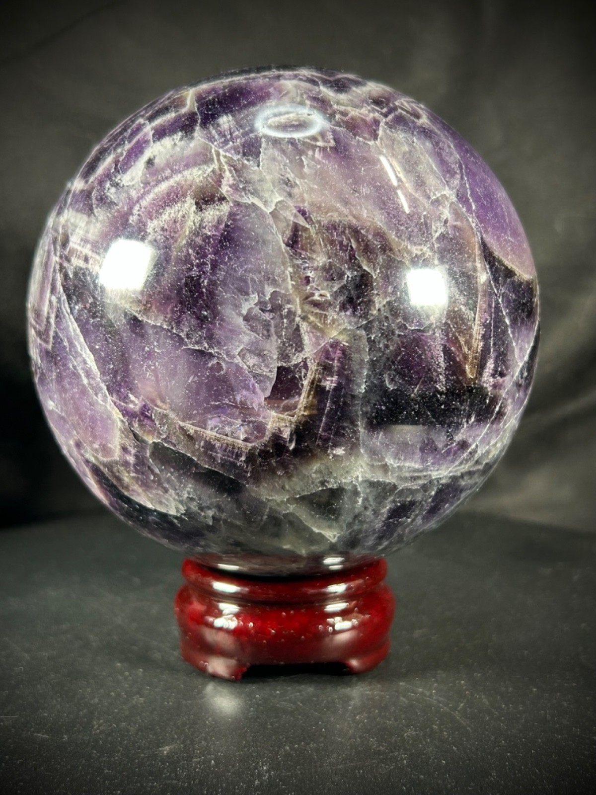 4.56″ Chevron (Dream) Amethyst Sphere With Wood Stand 5lb 3.1oz (2.355 kg)