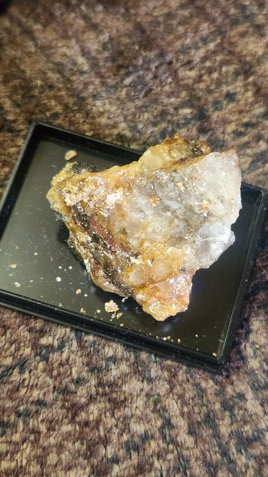 Gold Silver Quartz Crystal Mineral Specimen w Metallic Inclusions on Black Base
