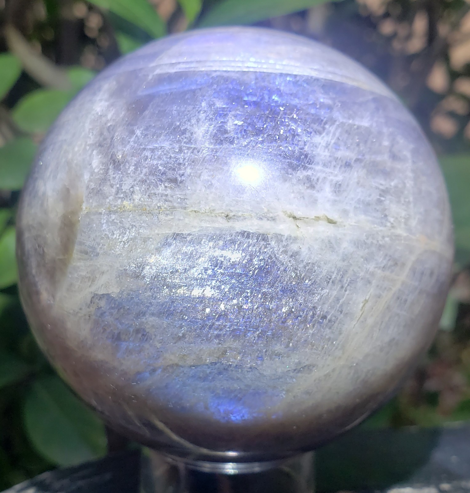 2.9″ Iridescent Black Moonstone Sunstone Sphere, Blue Flash Crystal Orb, 548g