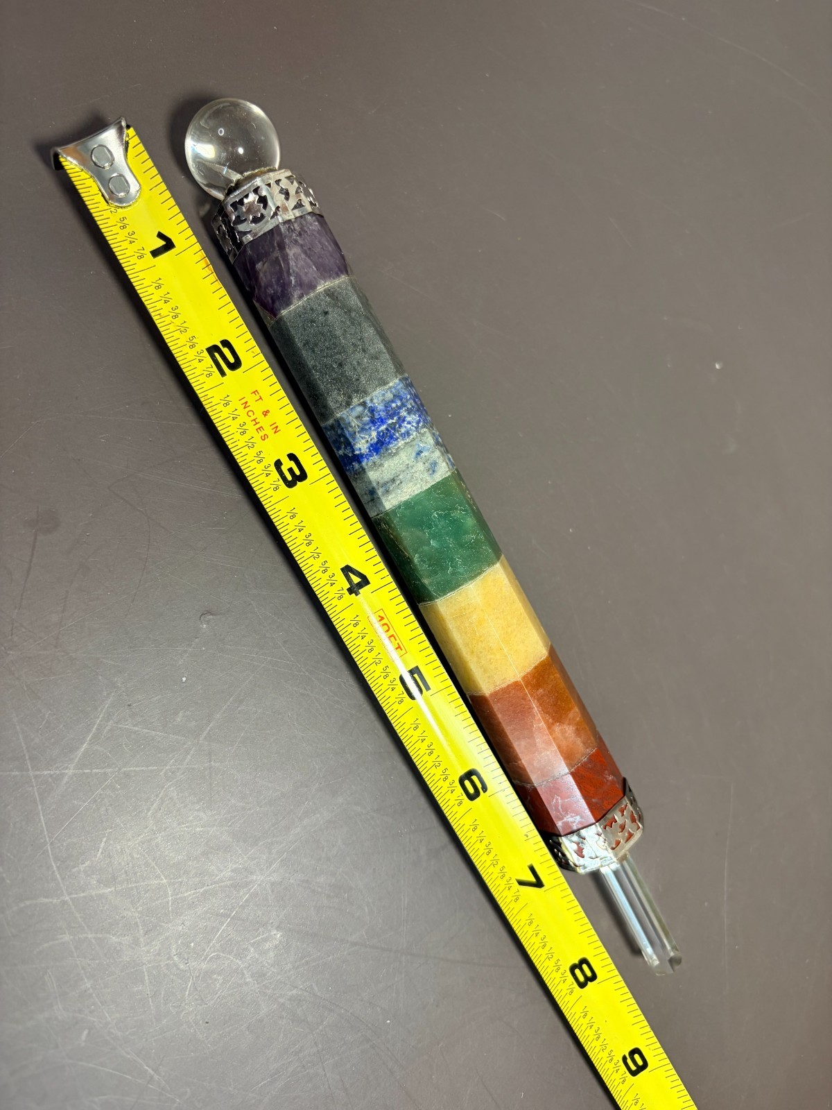 8” Chakra Healing Wand – 7 Bonded Stones w/Clear Quartz Point NEW