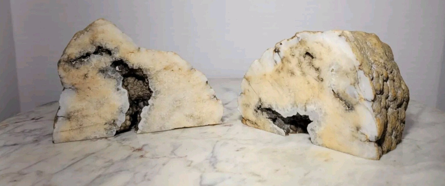 Large Open Geode Machine Cut Perfect Bookends Heavy Shades Of White And Brown