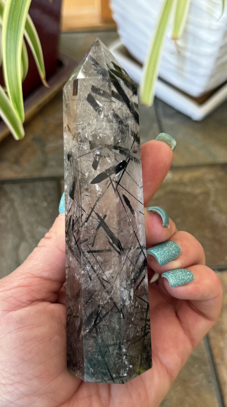 Natural Black Tourmaline in Quartz Tower Polished Crystal Point Collector, 6 “
