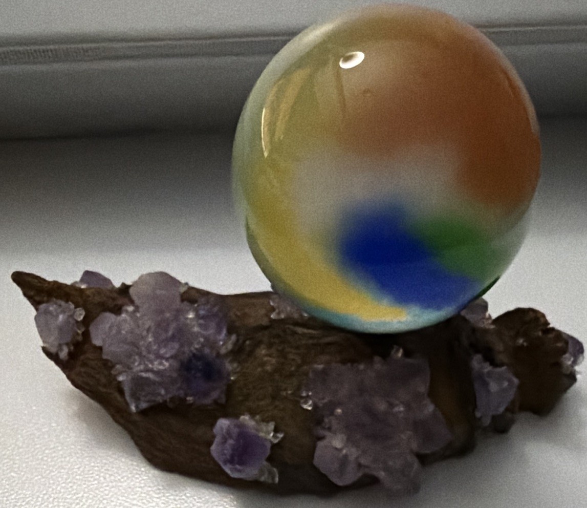 Rainbow Glass Sphere Mineral Display Specimen on Wood Stand w Purple Clusters