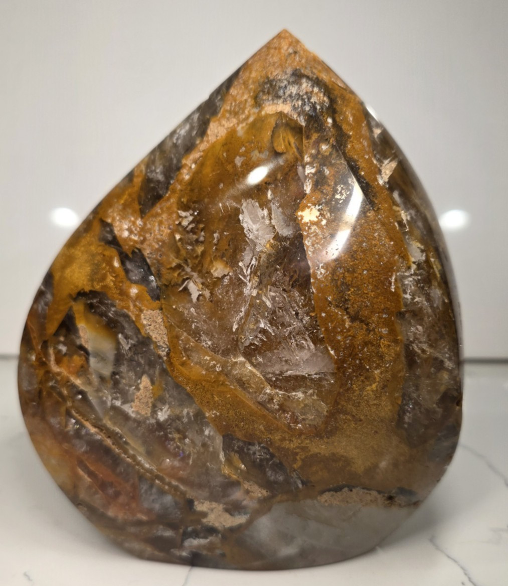 4LB 6″ High-Grade AAA Golden Healer with Smoky Quartz Crystal Flame Free-form