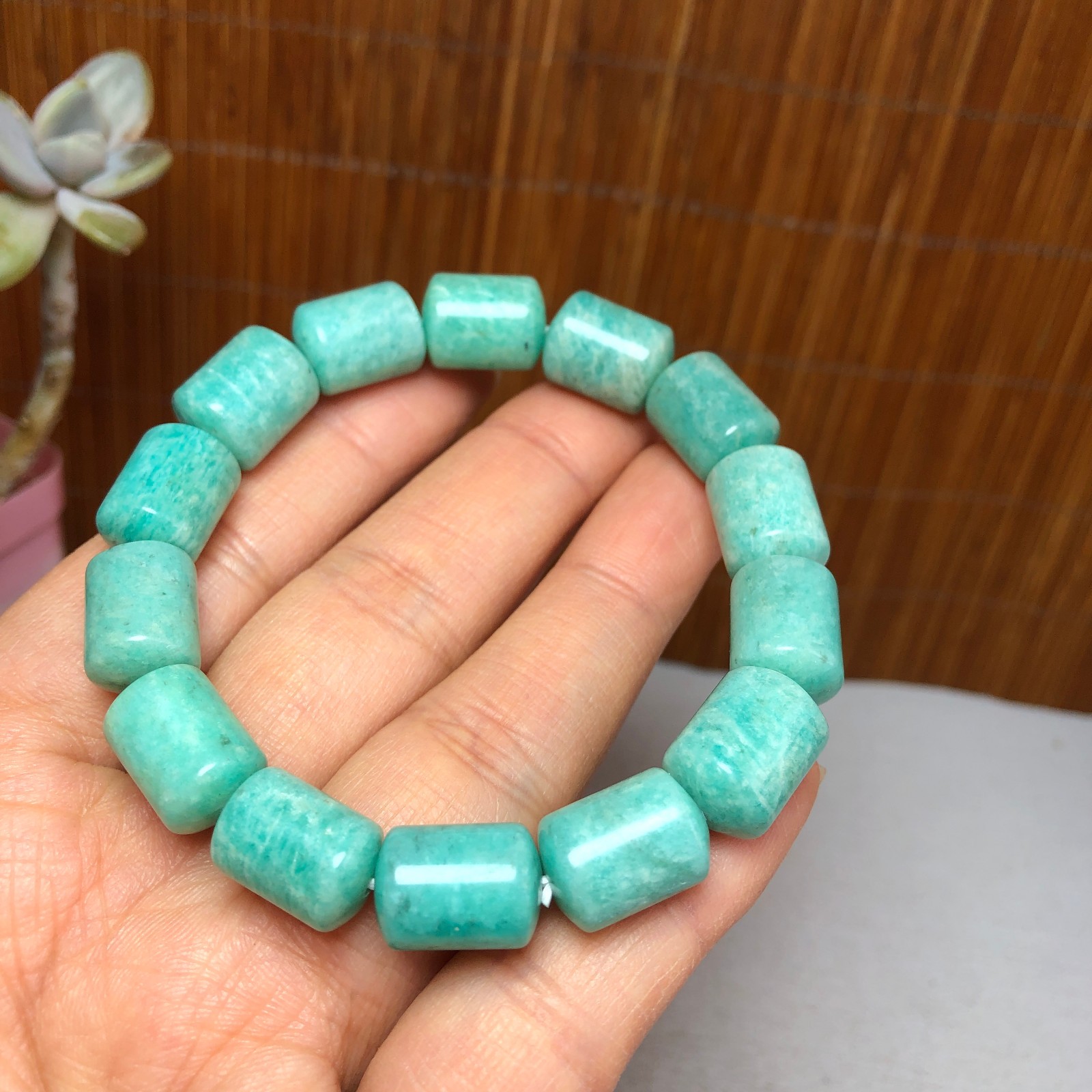 Natural amazon stone Bracelet Brown Gemstone Stretch Bucket bead Handmade A3700