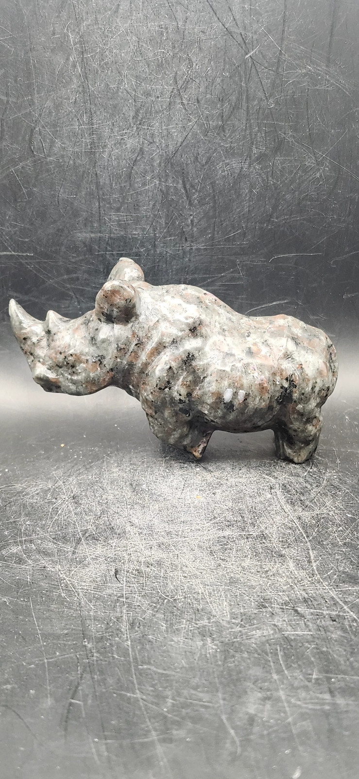 Flame stone “yooperlite” rhino! 8.5 ounces, 4 inches long, 2 tall